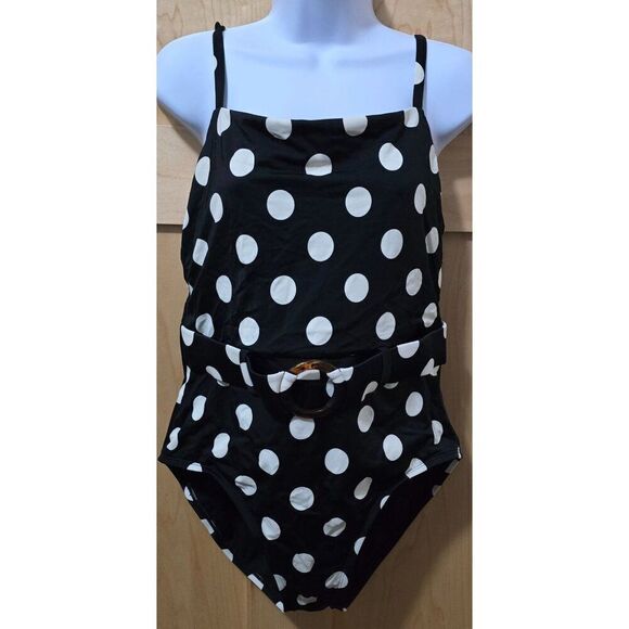 Polka Dot Black & White One-Piece Swimsuit With Belted Waist & Adjustable Straps - Picture 1 of 6